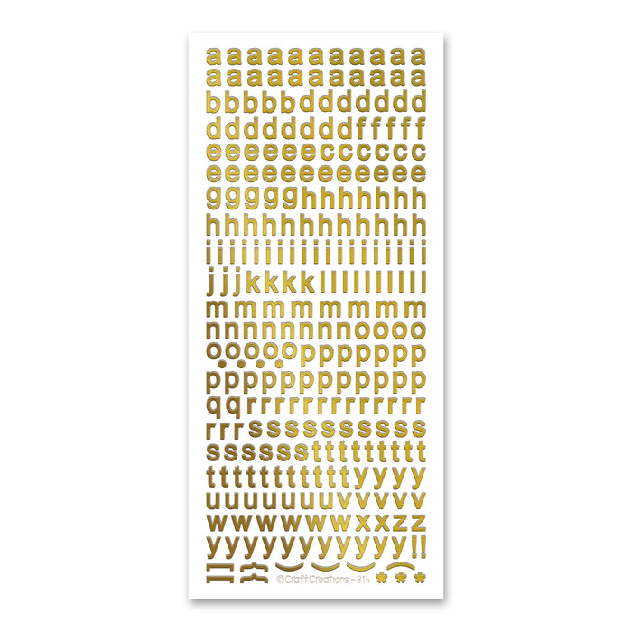 8mm Plain Lowercase Alphabet  Gold Self Adhesive Stickers