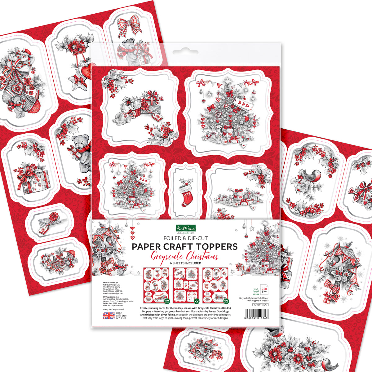 Greyscale Christmas Foiled Paper Craft Toppers, 6 sheets