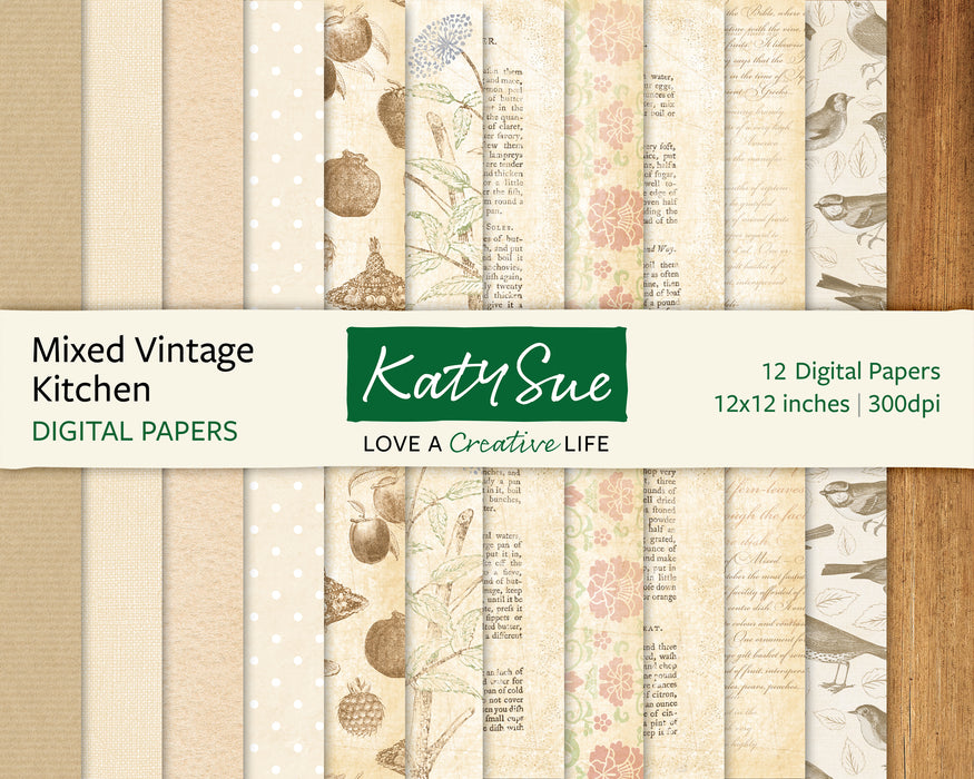 Mixed Vintage Kitchen | 12x12 Digital Papers