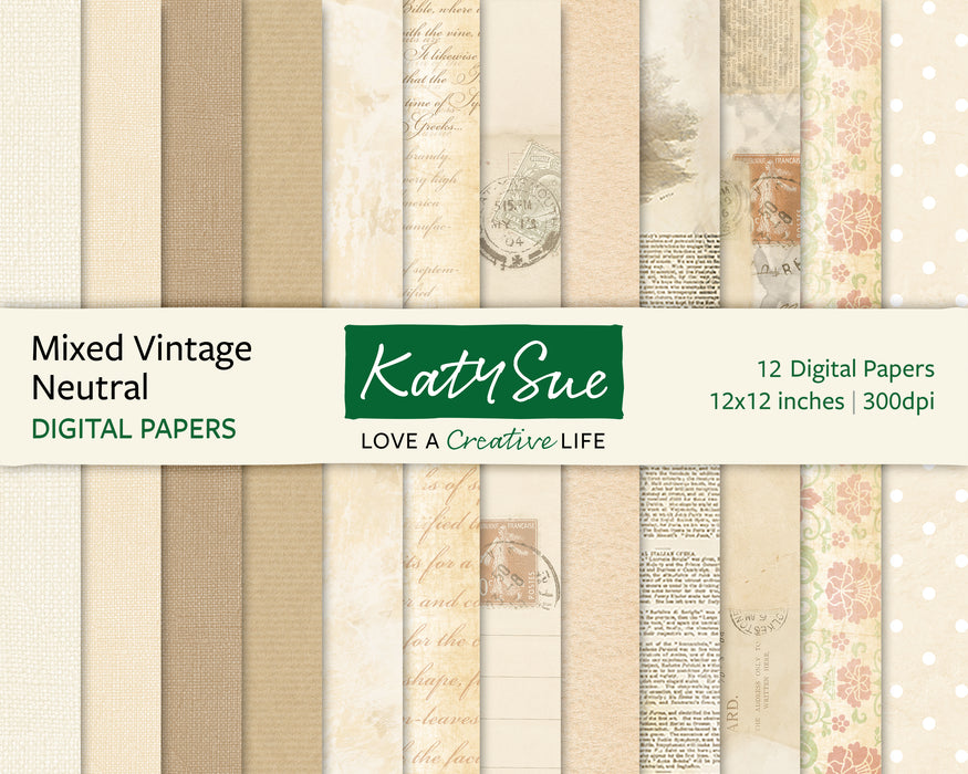 Mixed Vintage Neutrals, 12x12 Digital Papers