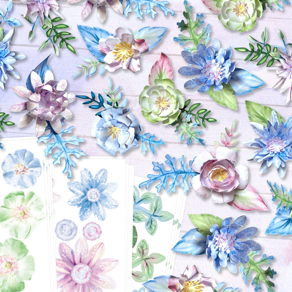 Icy Watercolour Die Cut Flowers & Leaves, 12 sheets