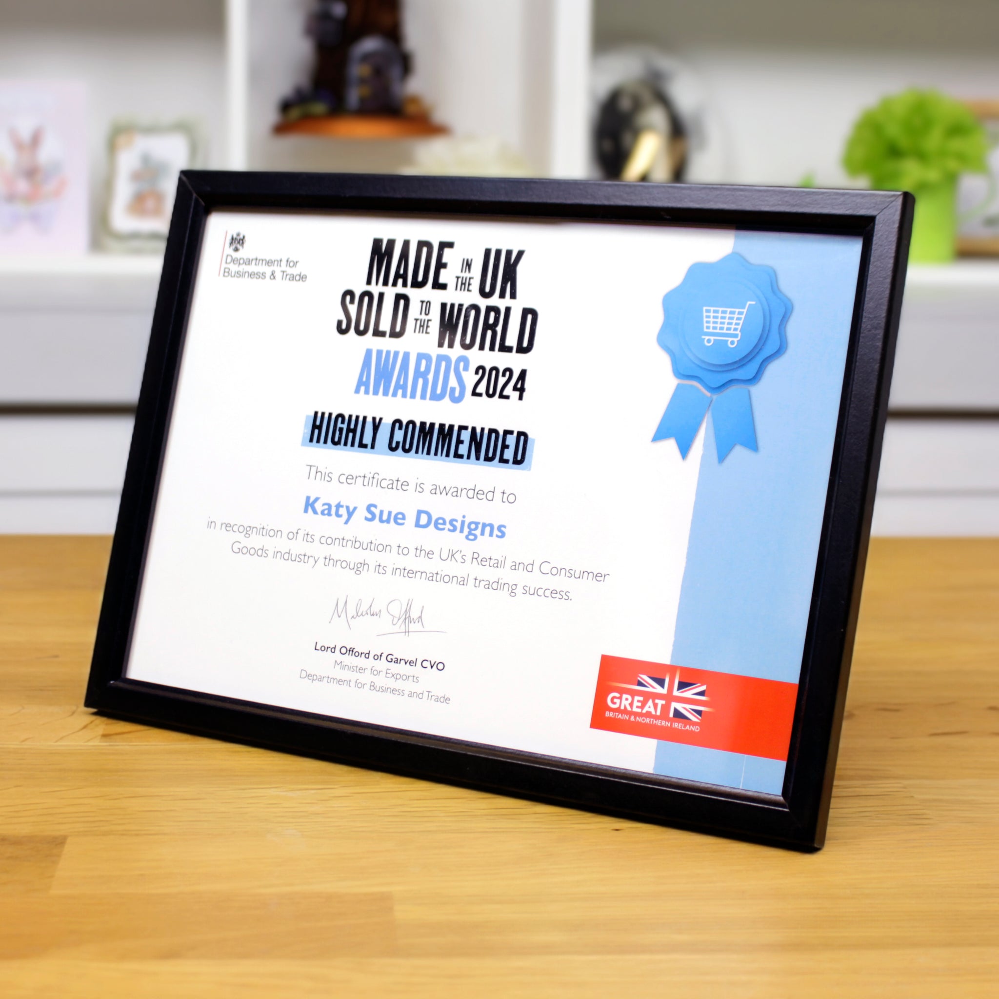 The UK Government highly commends Katy Sue Designs as an exceptional exporter!