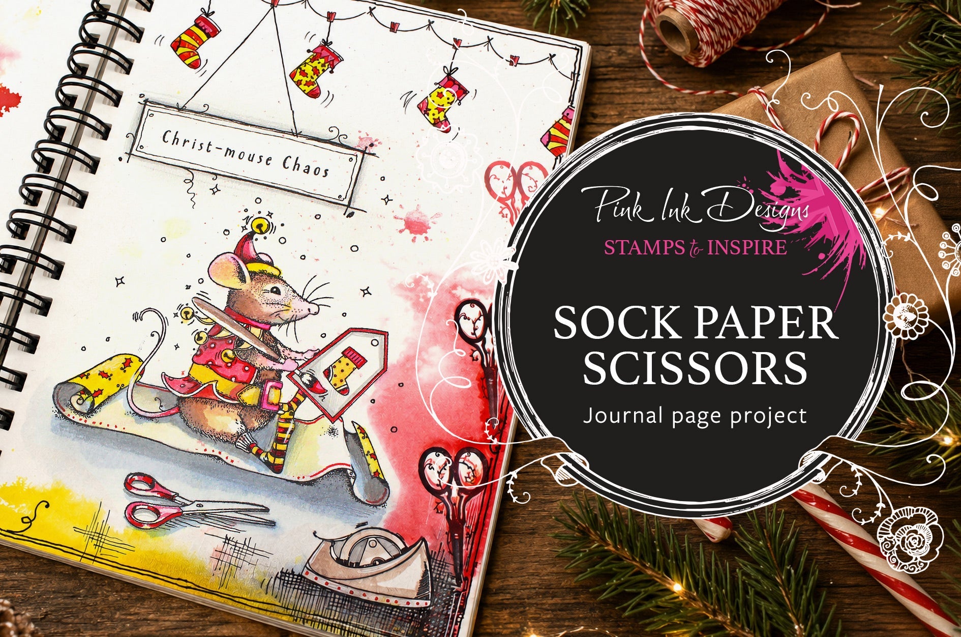 Stamp a Christmas journal with Pink Ink's Sock Paper Scissors