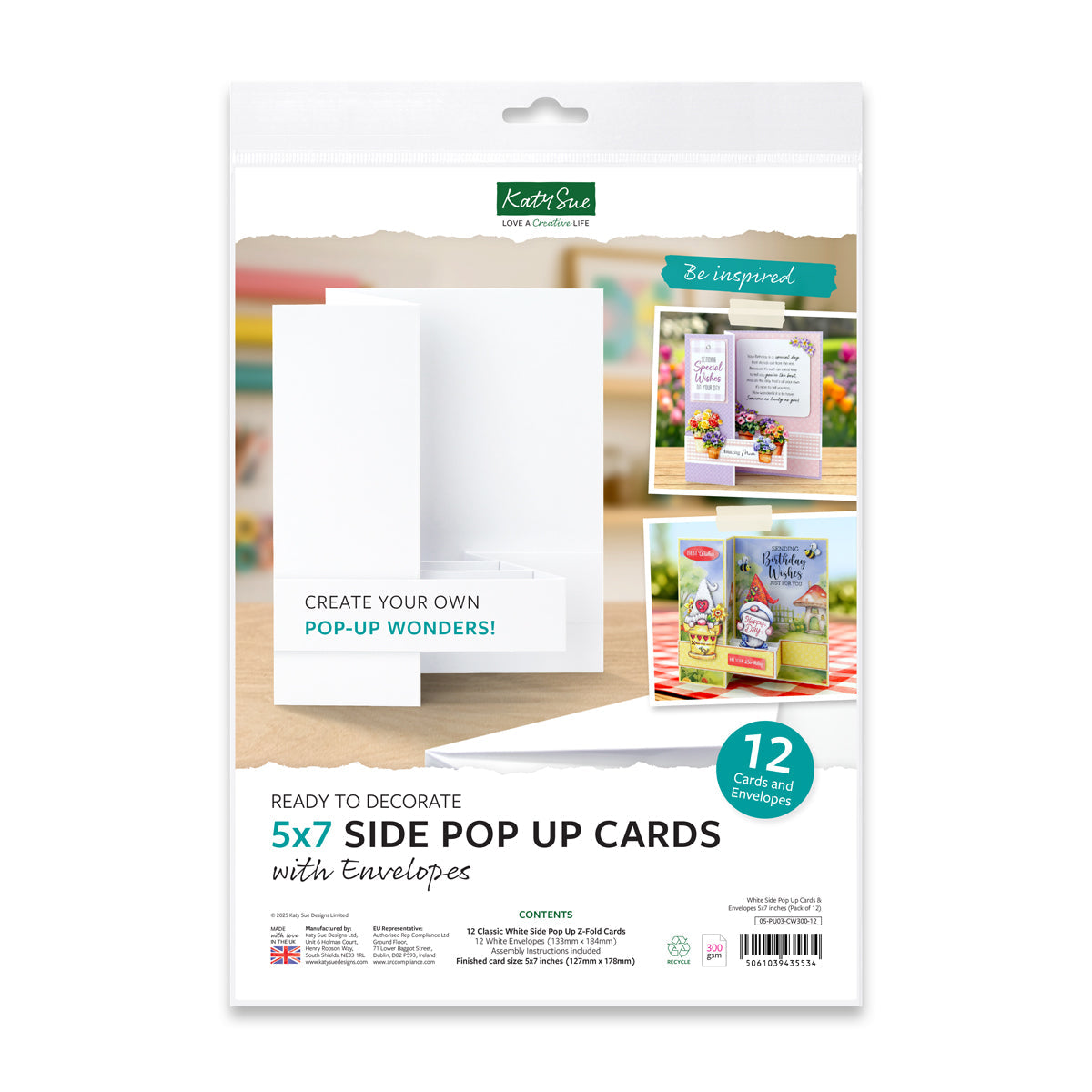White 5x7 Side Pop Up Cards & Envelopes 127x178mm, pack of 12