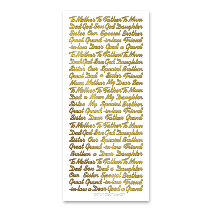 To: Mixed Relatives (S) Gold Self Adhesive Peel Off Stickers
