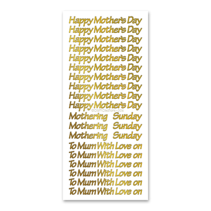 Goldfarbene, selbstklebende, abziehbare Aufkleber „Happy Mother's Day“.