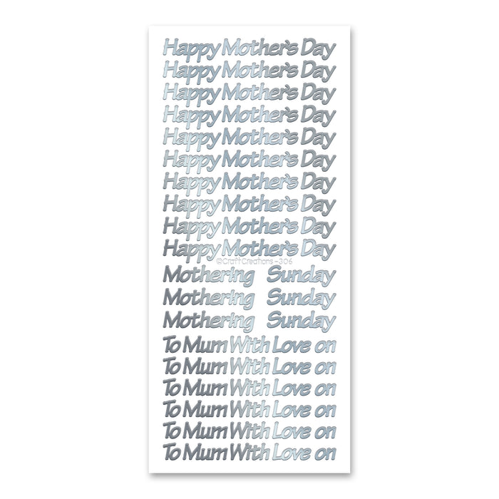 Silberne, selbstklebende, abziehbare Aufkleber „Happy Mother's Day“.