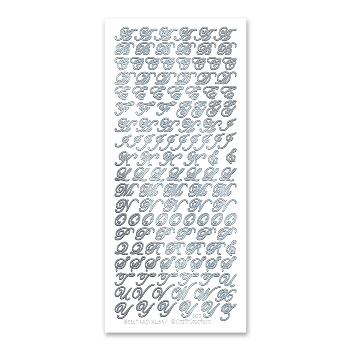 10 mm große selbstklebende Aufkleber mit kursiven Großbuchstaben in Silber