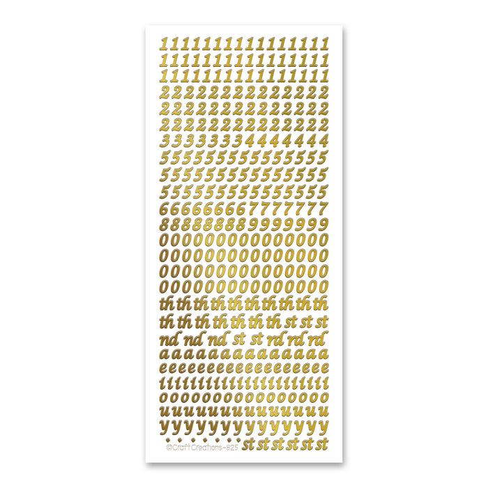 6mm Numbers, Dates & Vowels  Gold Self Adhesive Stickers