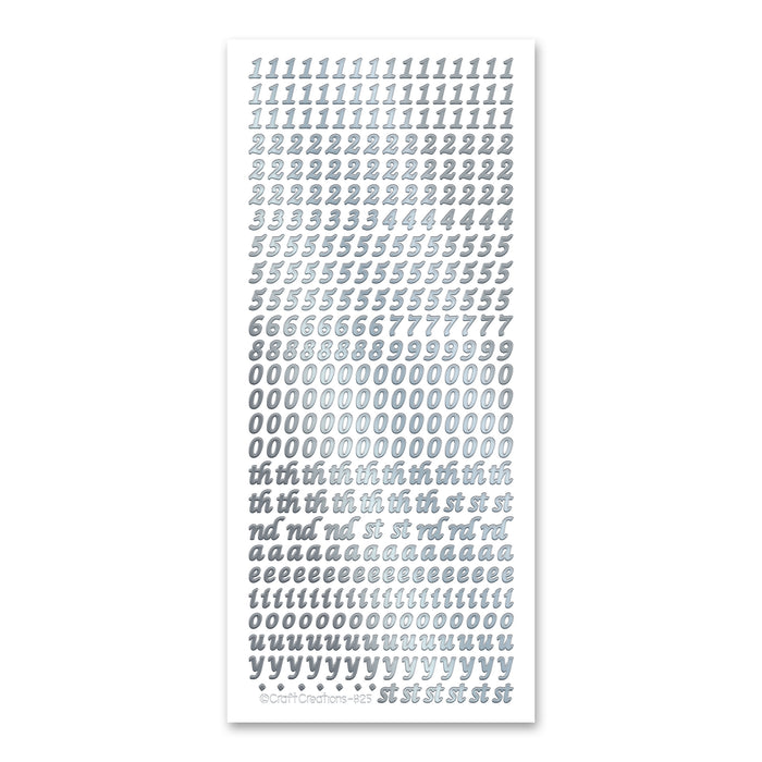 6 mm große silberne selbstklebende Aufkleber mit Zahlen, Daten und Vokalen
