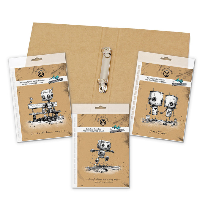 Set of three packages with cartoon robot designs on a brown background
