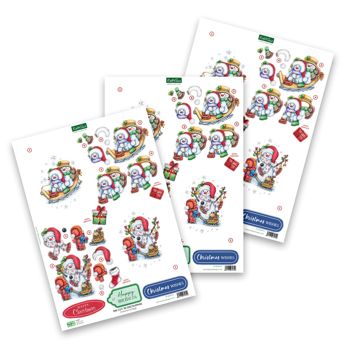 Gestanzte Decoupage – Schneemänner und Schlitten (3er-Pack)