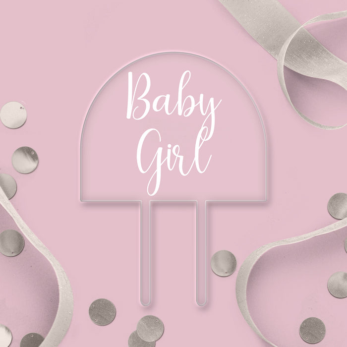 Baby-Mädchen-Bogenaufsatz aus klarem Acryl – weißer Schriftzug