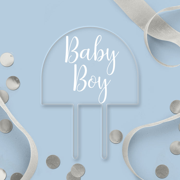 Baby-Bogenaufsatz aus transparentem Acryl für Jungen – weißer Schriftzug