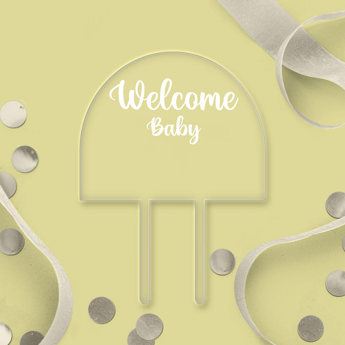 „Welcome Baby“-Bogenaufsatz aus durchsichtigem Acryl – weißer Schriftzug