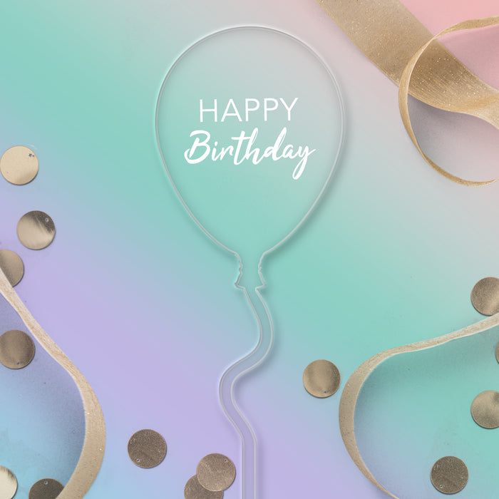 „Happy Birthday“-Ballonaufsatz aus durchsichtigem Acryl – weißer Schriftzug, Stil 1