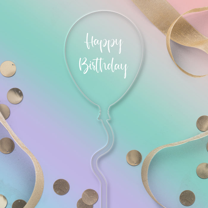 „Happy Birthday“-Ballonaufsatz aus durchsichtigem Acryl – weißer Schriftzug, Stil 2