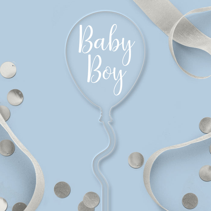 Baby-Ballonaufsatz aus transparentem Acryl für Jungen – weißer Schriftzug