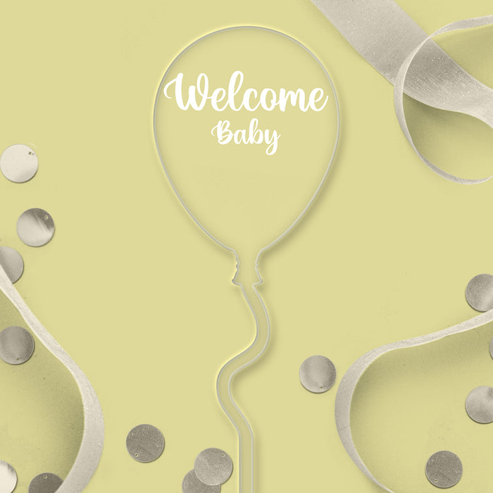 „Welcome Baby“-Ballonaufsatz aus klarem Acryl – weißer Schriftzug