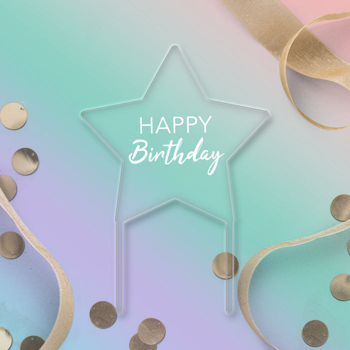Happy Birthday Clear Acrylic Star Topper  - White Wording Style 1