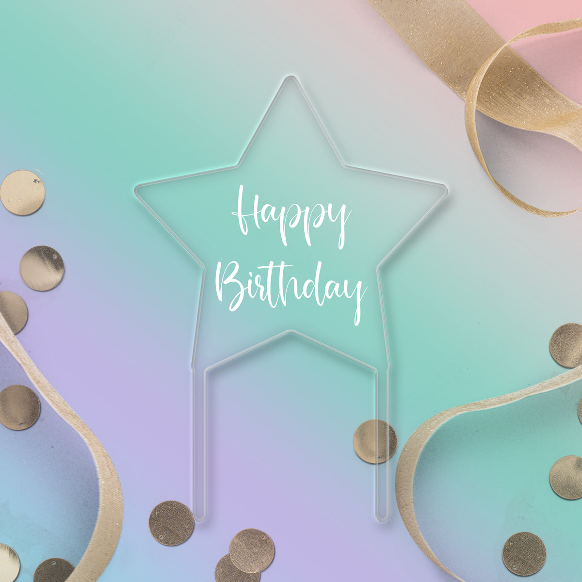 Happy Birthday Clear Acrylic Star Topper - White Wording Style 2