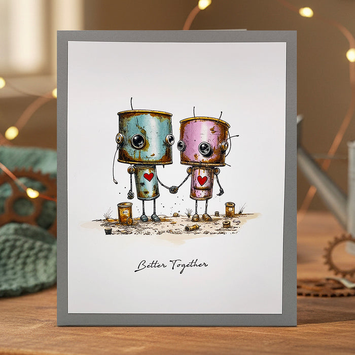 Stamp of two robots holding hands with 'Better Together' text on a card.