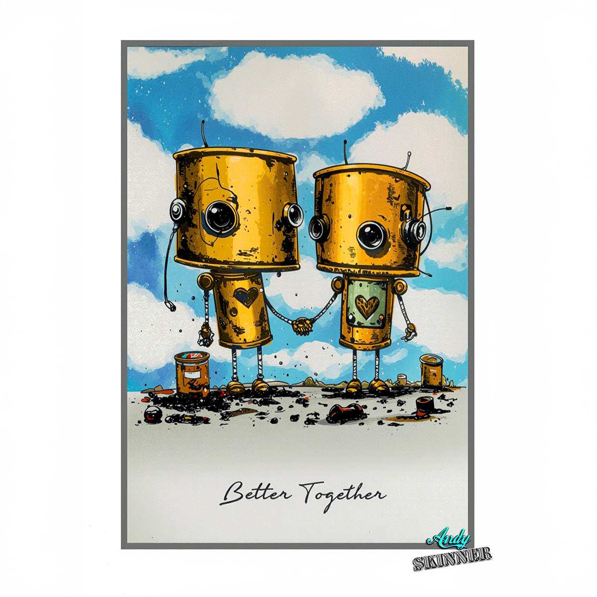 Two robot characters holding hands with a heart symbol, set against a blue sky with clouds. The artwork is signed by Andy Skinner.