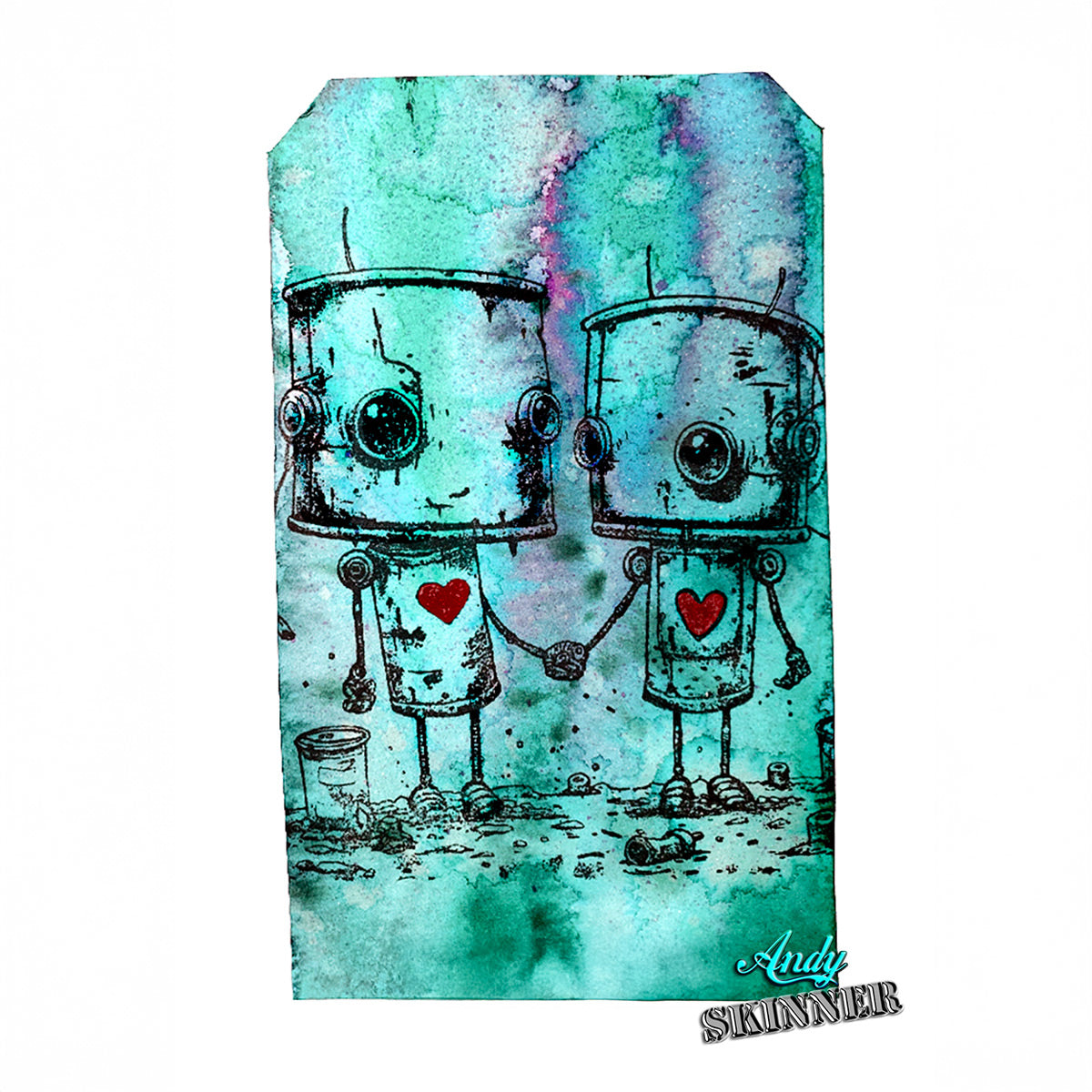 Two robots holding hands with red hearts on a teal watercolor background