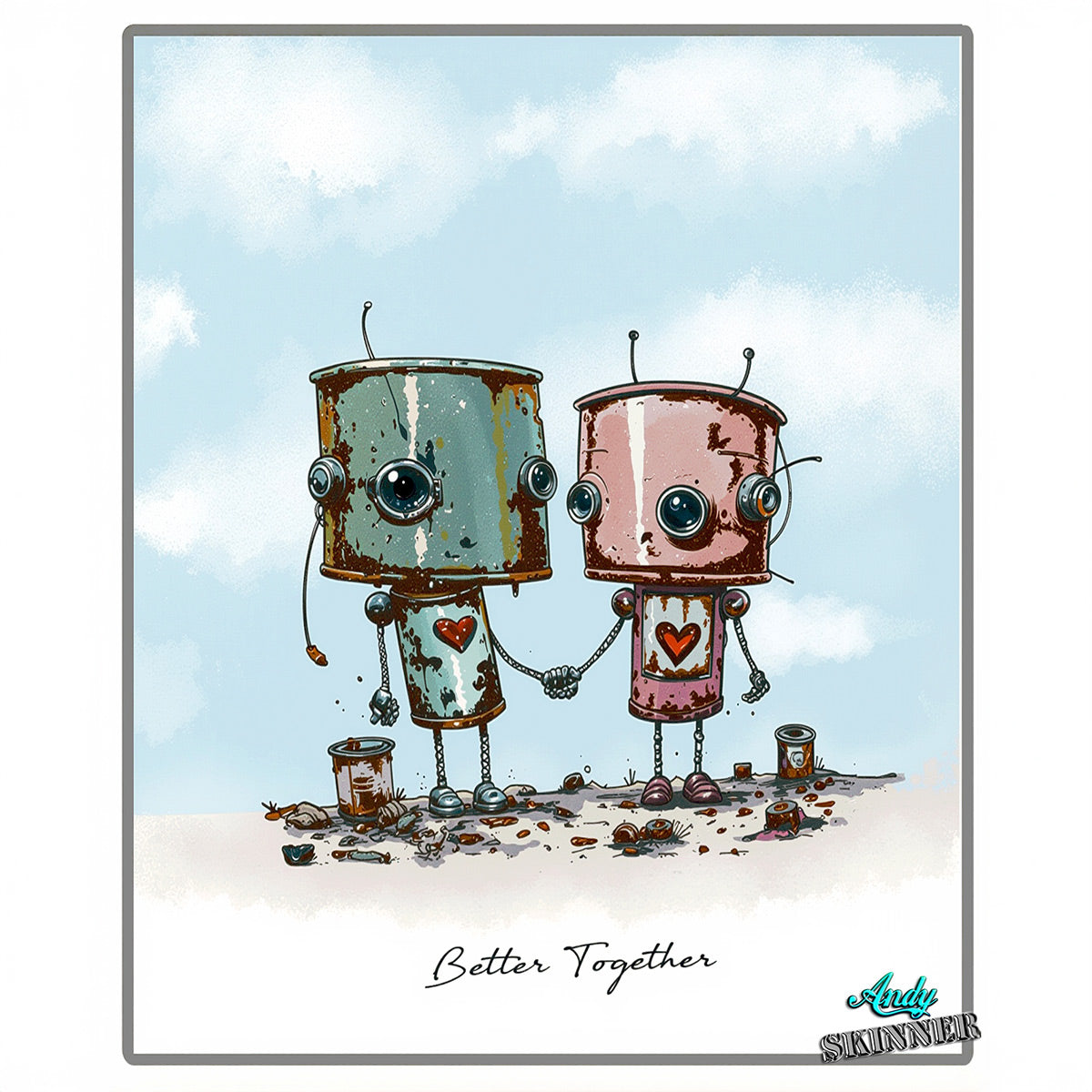 Two robot characters holding hands with hearts on their chests against a blue sky.