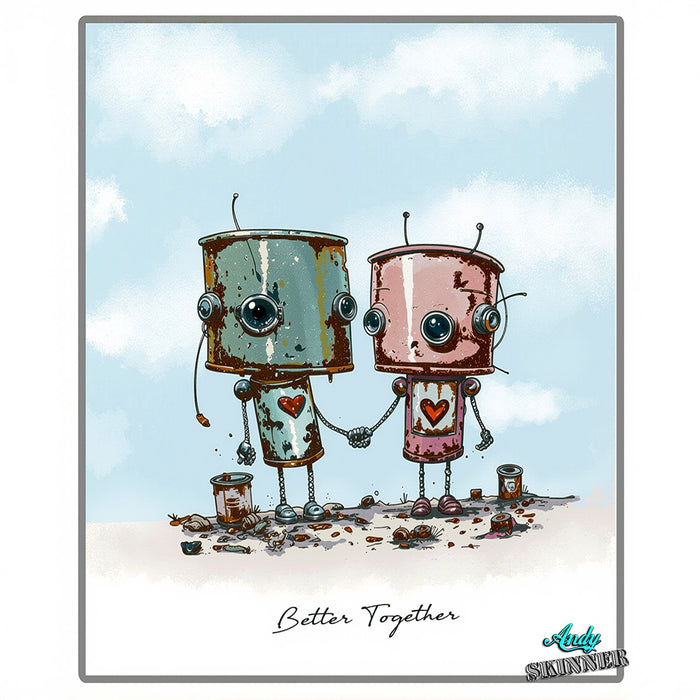 Two robot characters holding hands with hearts on their chests against a blue sky.