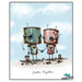 Two robot characters holding hands with hearts on their chests against a blue sky.