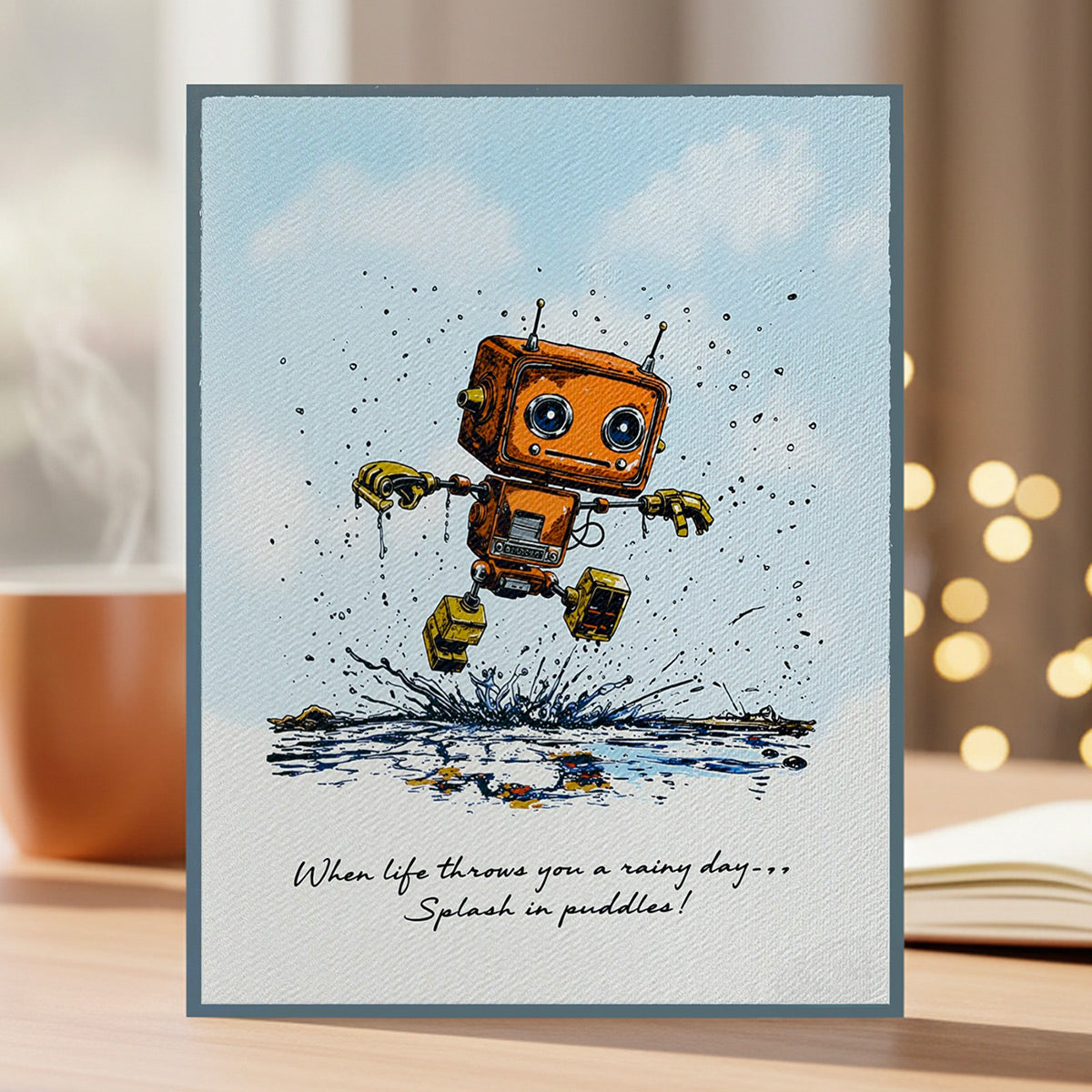Card with a robot stamp and a quote saying 'When life throws you a rainy day... splash in a puddle!' on a blurred background