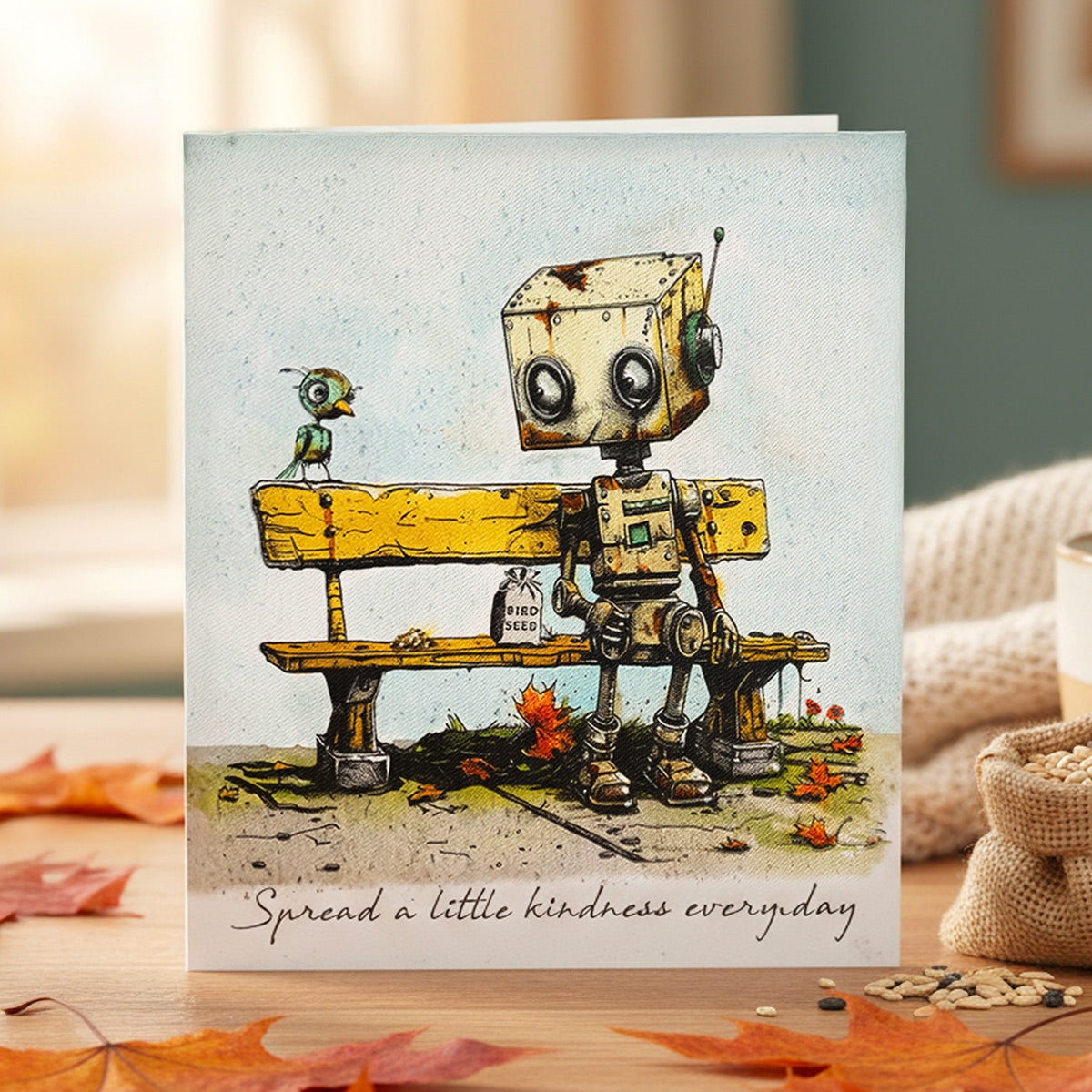 Greeting card with a robot and bird on a bench, featuring the text 'Spread a little kindness everyday'.