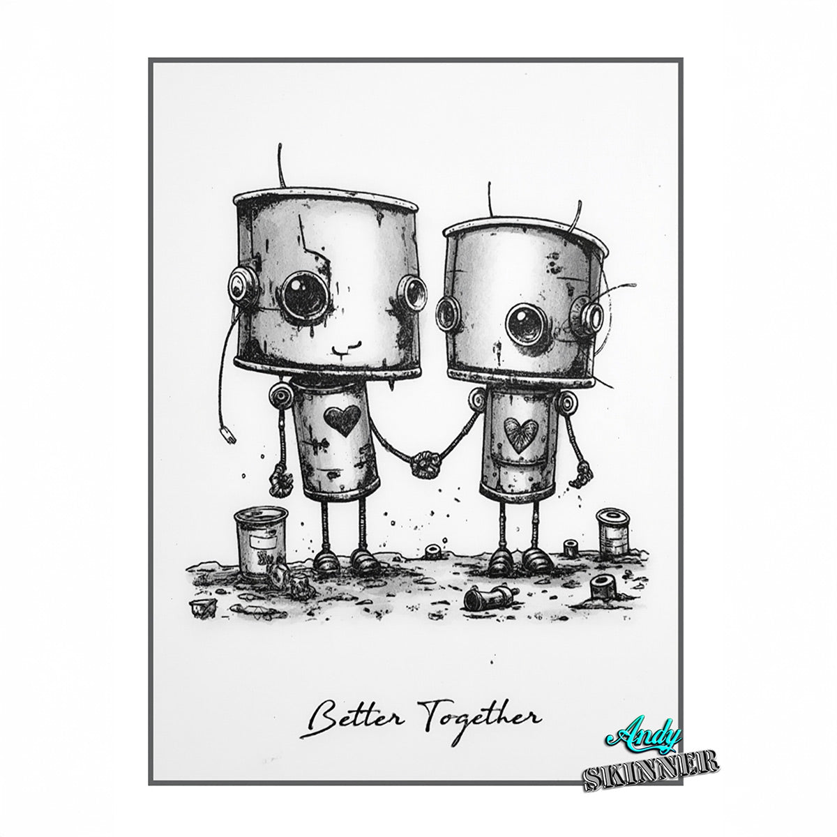 Two robots holding hands in black and white with 'Better Together' text on a white background
