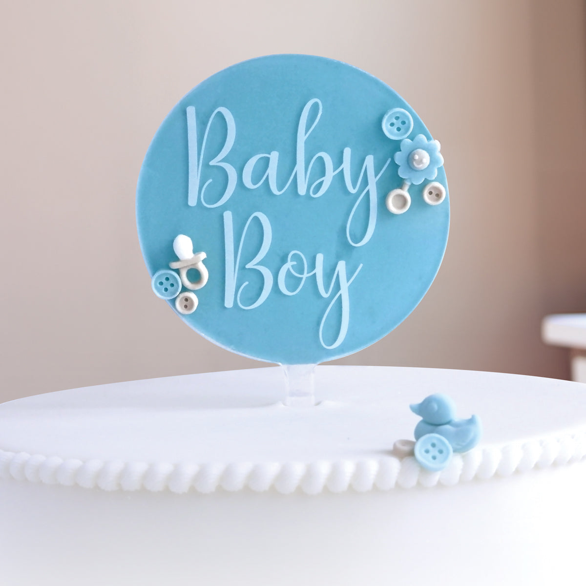 Baby Boy Clear Acrylic Paddle Topper - White Wording