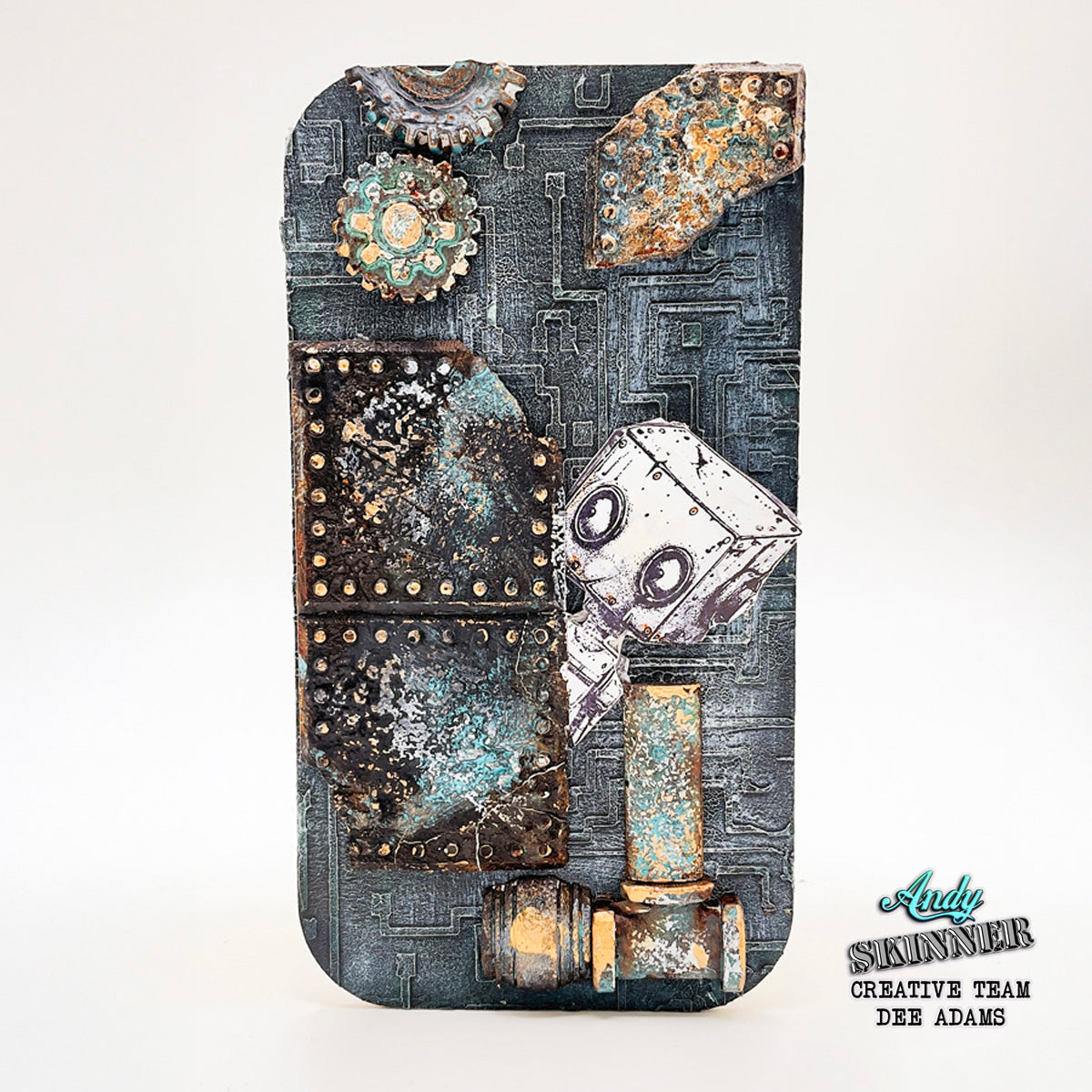 Decorative piece of wood with steampunk design with a white robot