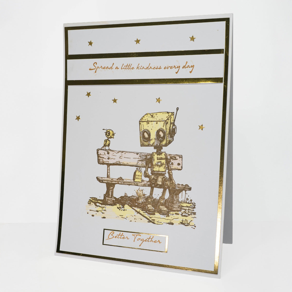 Greeting card with robot stamp and text on a white background