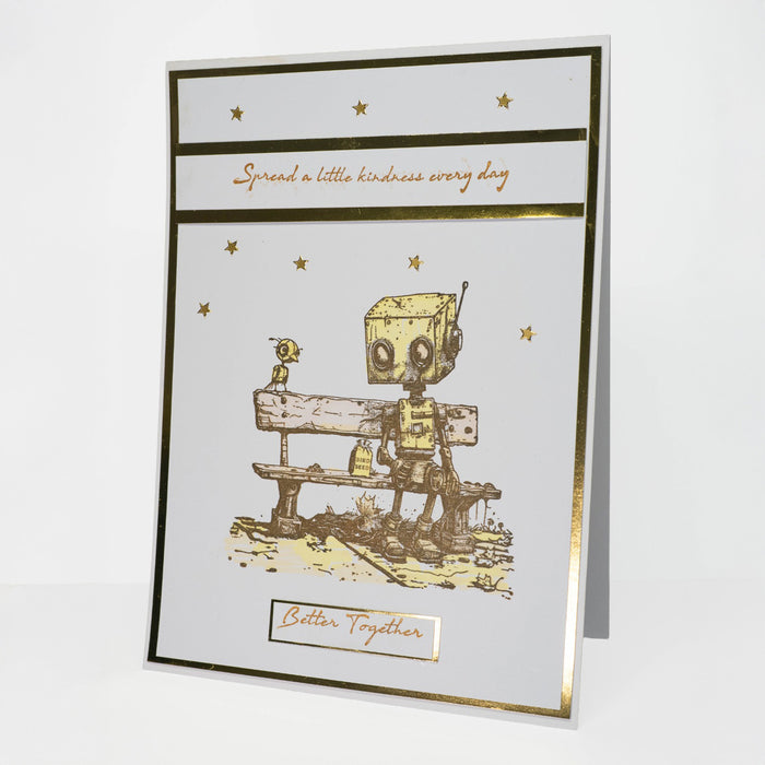 Greeting card with robot stamp and text on a white background