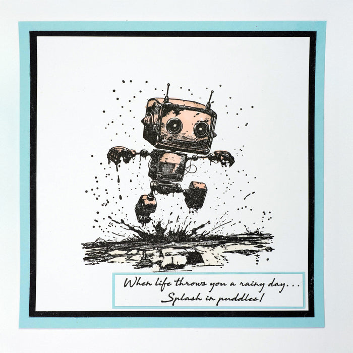 Illustration of a robot with the quote 'When life throws you a rainy day... splash in the puddles' on a light blue background