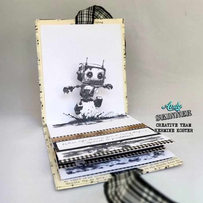 Open book with a robot stamp on a white background