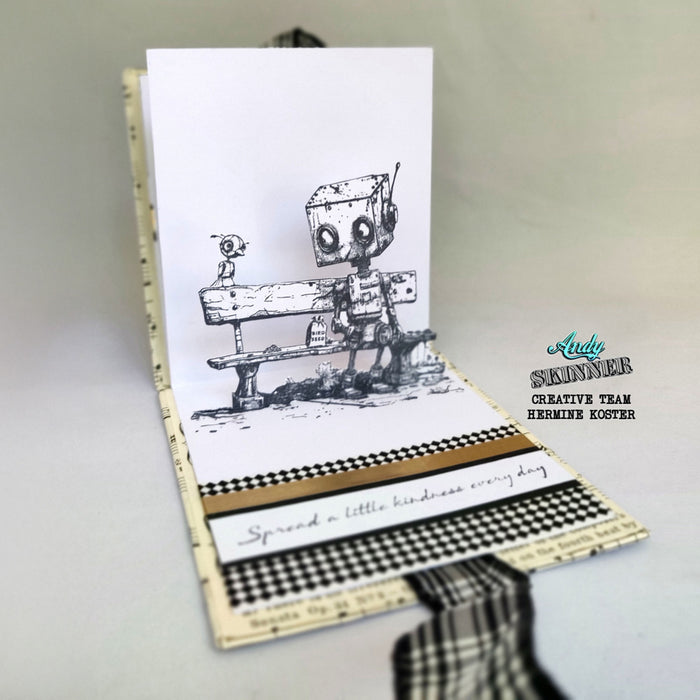 Card with robot design and text on a plain background