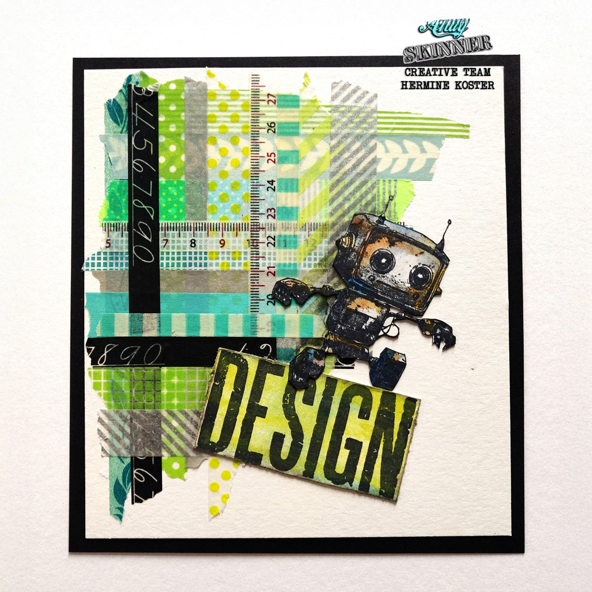 Artistic collage with robot and colorful patterns on a white background