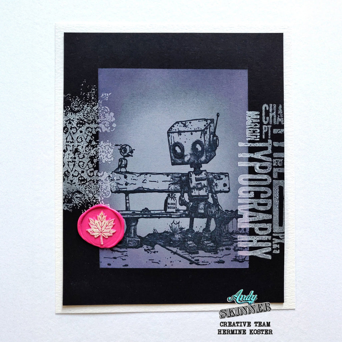 Art print with a robot and bird on a bench, featuring 'Andy Skinny' branding.