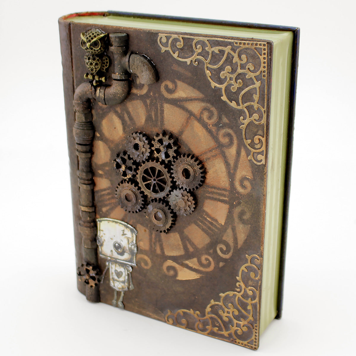 Steampunk-themed notebook with gears and clock design on a white background
