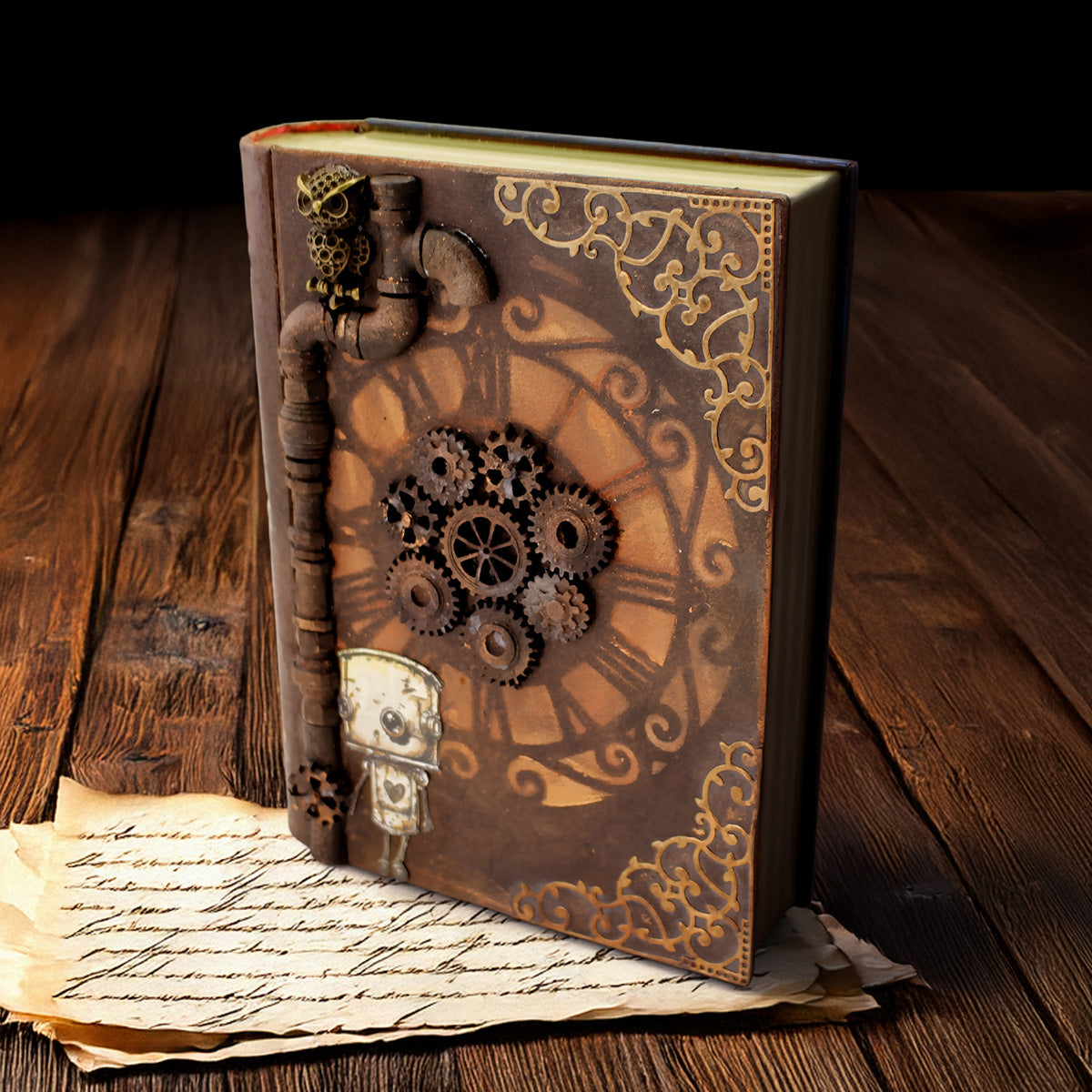 Steampunk-style notebook with gears and clock design on a wooden surface