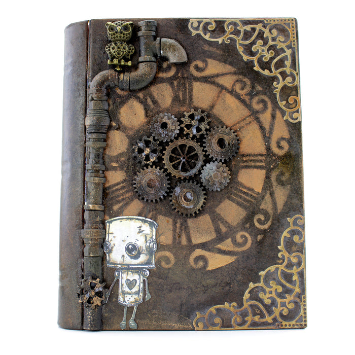 Decorative notebook with steampunk design featuring gears and a robot on a white background.