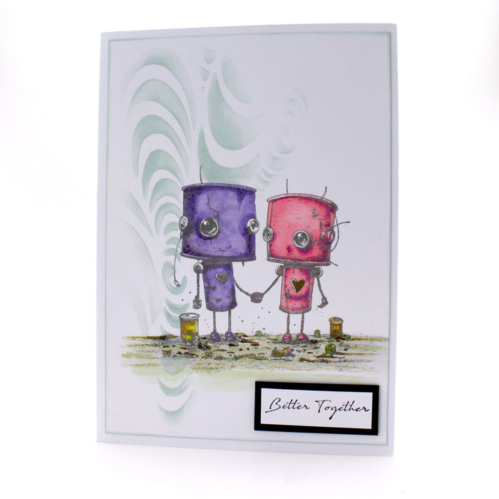 Card with two colorful robots holding hands and a 'Better Together' label on a white background