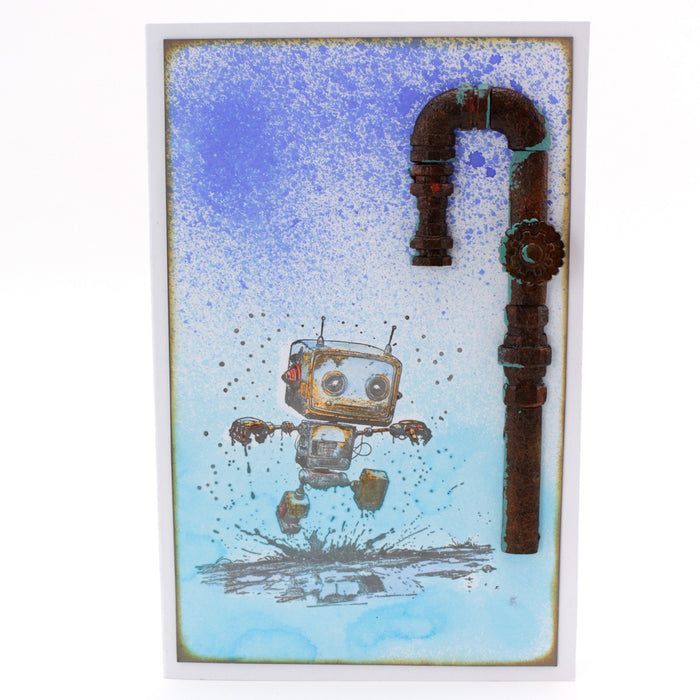 Illustration of a robot and a pipe on a textured blue background