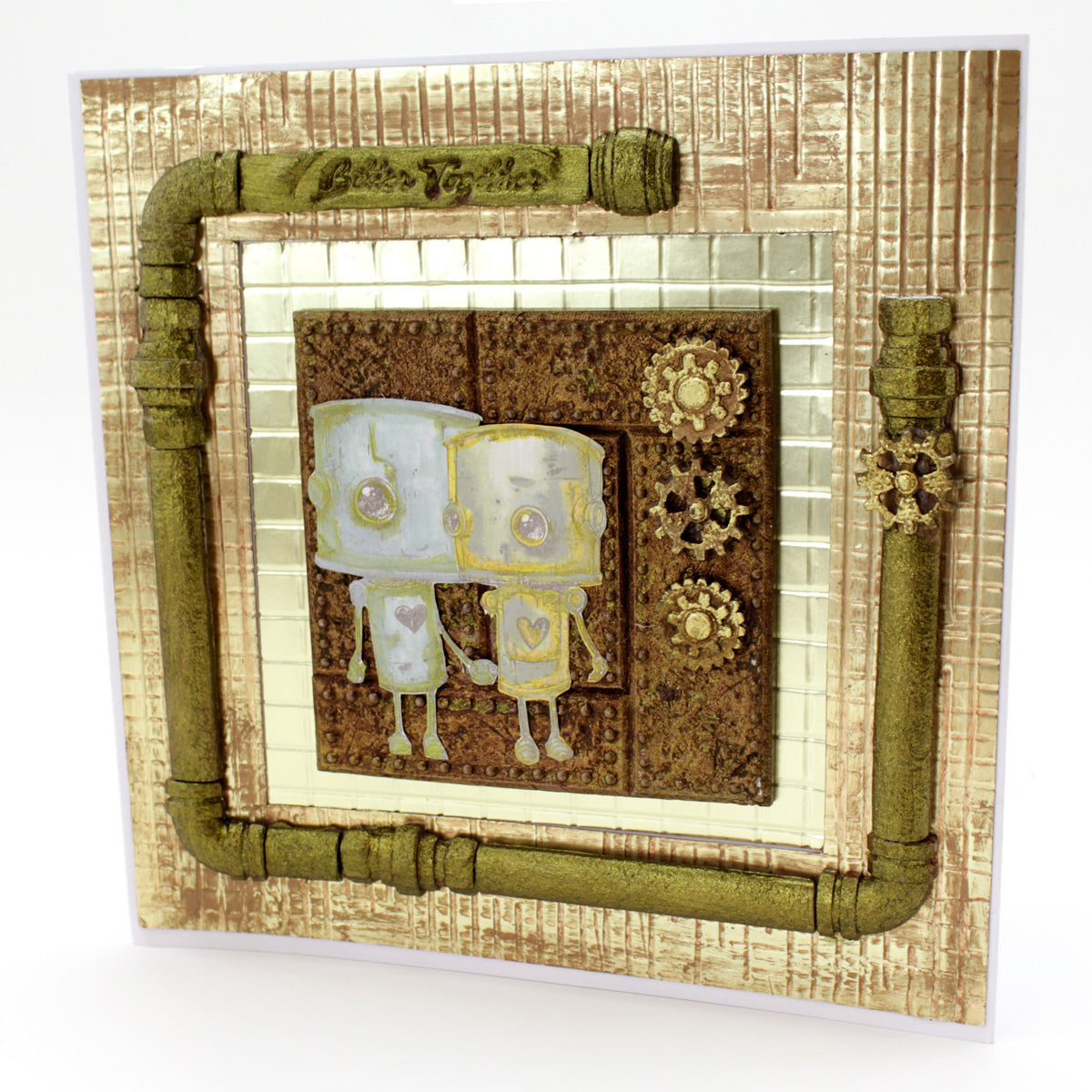 Decorative card with robots and decorative elements on a textured background