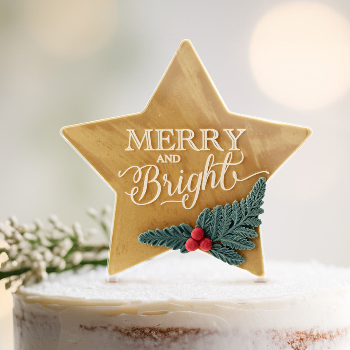 Merry and Bright Clear Acrylic Star Topper - White Wording